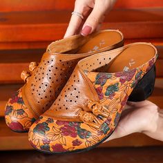 Women Retro Hollow Cowhide Casual Mules-RAIIFY Shoes For Women Clogs & Mules, Comfortable Mules For Spring, Casual Orange Heels, Brown Round Toe Mules For Spring, Casual Orange Closed Toe Mules, Comfortable Spring Mules With Round Toe, Comfortable Brown Mules For Spring, Casual Orange Mules For Spring, Spring Orange Closed Toe Mules