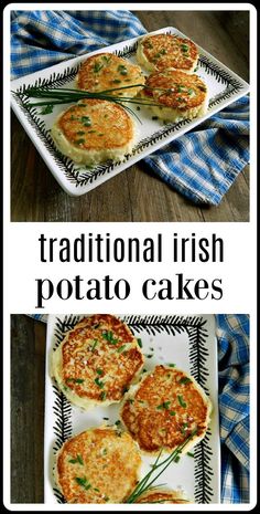 traditional irish potato cakes on a plate with text overlay that reads traditional irish potato cakes