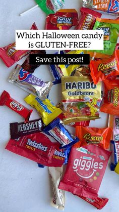 a pile of halloween candy with the text which halloween candy is gluten - free? save this post