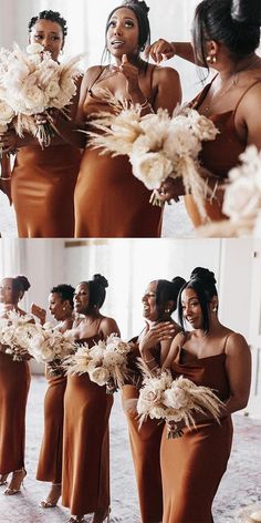 the bridesmaids are all dressed in brown dresses and holding their bouquets together