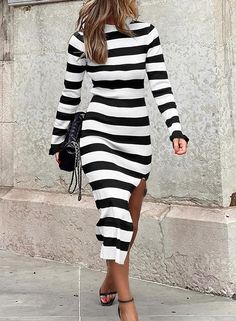 This Striped Knit Long Sleeve Midi Dress is perfect for any occasion. Its long sleeves and midi length are made of warm, soft knit fabric that is comfortable and breathable to wear all day long. The stylish striped pattern adds an elegant touch, and the dress is easy to accessorize with jewelry or a scarf. 50%Viscose+28%Polyester+22%Polyamide Imported Pull On closure Classic Stripe Design: Long sleeve striped knitted maxi dress is simple and versatile, classic and timeless. Women's casual crewne Business Casual Outfits For Interview, White Long Sleeve Midi Dress, White Striped Dress Outfit, Long Sleeve White Midi Dress, Crewneck Dress, Maxi Knit Dress, Knit Long Sleeve, Pink Long Sleeve, Sleeve Midi Dress