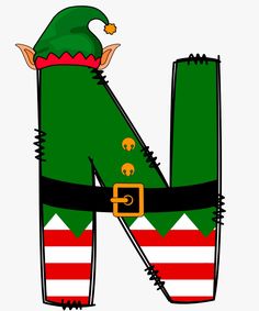 the letter n is decorated with an elf's costume