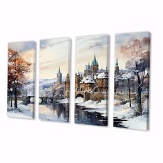 three pieces of art depicting a castle in the snow