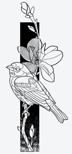 a black and white drawing of a bird sitting on top of a branch with flowers