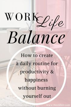 the words work life balance on top of a pink chair and table with chairs around it