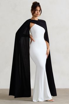 White Strapless Maxi Dress, White Floor, Black Dress Prom, Black Cape, Black Tie Gala, Party Dress Long Sleeve, Christmas Party Dress, Asymmetric Neckline, Bridesmaid Outfit