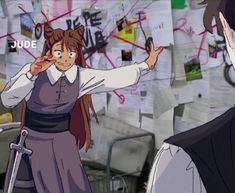 an anime character is standing in front of a wall with papers on it and pointing to the side