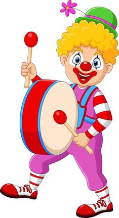 the clown is playing with his drum