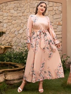 Modest Long Sleeve Pink Maxi Dress, Rose Flower Plus Size Dress, Feminine Long Sleeve Pink Floral Dress, Pink A-line Dress With Rose Print, Pink Floral Print Dress With 3/4 Sleeves, Floral Prints Fashion, Latest Maxi Dresses, Festival Skirts