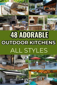 This collage showcases diverse outdoor kitchens, emphasizing various styles. The left side features a contemporary kitchen setup with a grill, while the top right displays a well-equipped area with stone features. The bottom right features a rustic setting with a wood-themed kitchen and lively seating arrangement. The bottom left includes a modern kitchen with an impressive island and grill. The vibrant colors and different designs invite viewers to explore outdoor cooking ideas. Outdoor Grill Cover, Kitchen Guide, Outdoor Kitchen Plans, Outdoor Bbq Kitchen, Outdoor Kitchen Island, Outdoor Kitchen Ideas, Bbq Kitchen, Rustic Stone