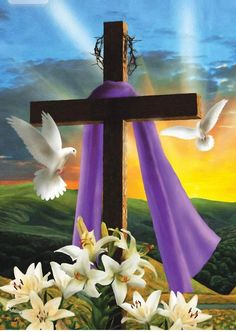 a painting of a cross with flowers and doves