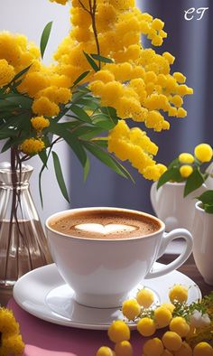 a cup of cappuccino on a saucer next to yellow flowers