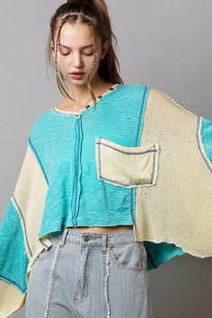 Aqua Oversized Crop Top Oversized V-neck Summer Top, Oversized Solid V-neck Top, Oversized Cozy V-neck Top, Oversized Comfortable V-neck Top, Yellow Color Block, Oversized Bohemian V-neck Top, Upcycling Clothes, Boho Pink, Oversized Long Sleeve