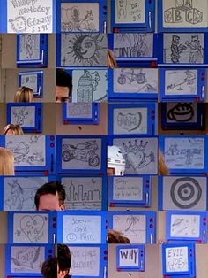 a collage of pictures with people's drawings on the wall and behind them