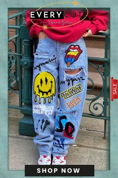 Casual Print Ripped Mid Waist Regular Denim Jeans (subject to The Actual Object ) Graphic Pants, Denim Style Casual, Ripped Denim Pants, Style Wide Leg Pants, Jeans Outfit Fall, Upcycle Clothes Diy, Outfits Rave, Baddie Fits, Custom Jeans