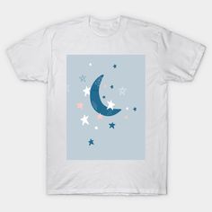 a white t - shirt with the moon and stars on it, against a blue background