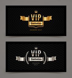 two black and gold business cards with golden ribbons on the front, one is for an event