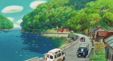 a painting of cars driving down a road next to the ocean with houses and trees