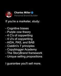 a black background with text that reads charles miller, personal brand builder if you're a marketer, study