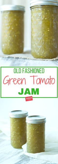 three jars filled with green tomato jam sitting on top of a white countertop next to each other