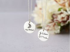 Turn loved ones' sentimental handwritten note into stunning memorial handwriting jewelry and keepsakes. Sterling silver | Gold plate. FREE SHIPPING. Handwritten Necklace, Handwriting Jewelry, Dog Tag, Handwriting, Dog Tags, Silver Gold, First Love, Silver Necklace