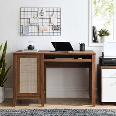 a desk with a laptop on it next to a potted plant and other items