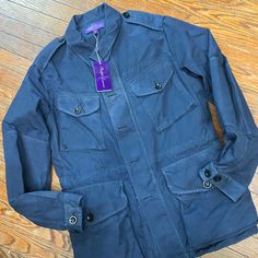 Size Medium Purple Label Designer Cotton Outerwear With Pockets, Spring Blue Outerwear With Flap Pockets, Designer Navy Outerwear With Pockets, Blue Utility Outerwear With Flap Pockets, Classic Blue Utility Jacket For Spring, Spring Blue Utility Jacket With Flap Pockets, Navy Outerwear With Patch Pockets For Spring, Designer Navy Long Sleeve Outerwear, Designer Blue Outerwear For Spring