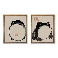 two framed art pieces with black and white images on them, one featuring a frog