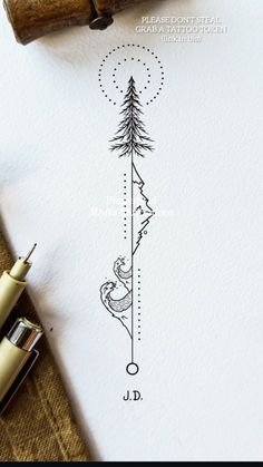 an ink drawing of a pine tree with the letter d on it's side