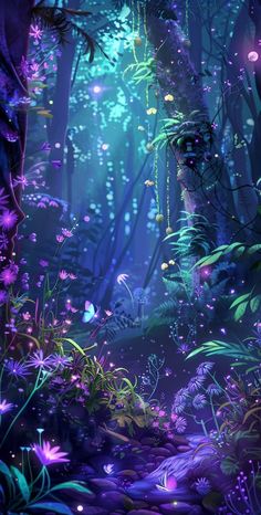 an image of a forest with flowers and plants in the foreground, glowing from behind