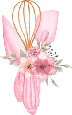 a watercolor painting of pink flowers in a vase with a whisk on top