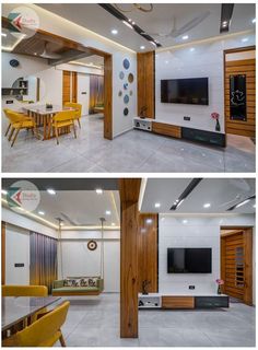 two pictures of the inside of a house with wood accents and white tile flooring