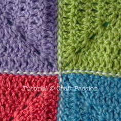 crocheted squares are arranged in different colors