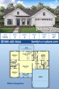 two story house plan with 3 bedroom and 2 bathrooms in the front, an open floor plan