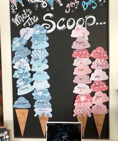 two ice cream cones are in front of a chalkboard that says, what's the scoop?