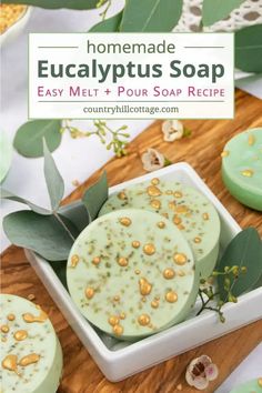 homemade eucalyptus soap in a white dish on a wooden cutting board with eucalyptus leaves around it