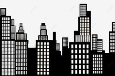 black and white cityscape with skyscrapers in the foreground, silhouette, background png and psd