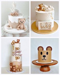 four different cakes decorated with teddy bears and gold decorations on top of each cake stand