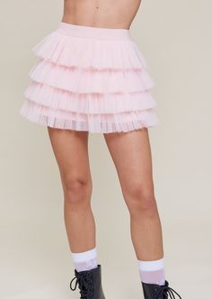 This skort is made from a pink sheer mesh material. It has built in shorts for lining. The waistband is elastic and it has a tiered ruffle shape. Pink Ruffle Skirt, Ruffle Skort, Skirt Tulle, Character Board, Pink Sheer, Romper And Jacket, Pink Ruffle, Blazer With Jeans, Romper Dress