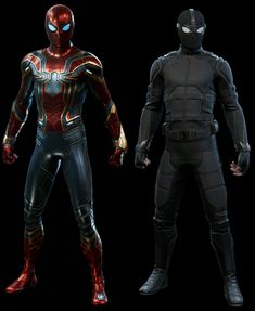 two different views of the spider - man suit in black and red, one with blue eyes