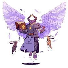 an angel with wings and a book in his hands, surrounded by other animals on a purple background