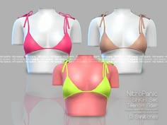 three different types of bikinis on mannequins, one in pink and the other in yellow