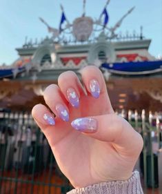 Blue Mickey Nails, Pink And Blue Disney Nails, Almond Disney Nails Designs, Nail Ideas For Florida Vacation, Simple Disney Nails Almond, Almond Shape Disney Nails, Simple Disneyland Nails, Disney Nails Inspiration, Short Almond Disney Nails