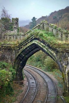 a train track going under an old bridge with moss growing on it's roof