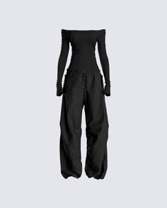 Turn an everyday look into something they will all be eyeing in this set 🖤 Pair the perfect black off-shoulder top with our black parachute pants for the perfect monochromatic look 😍 Acubi Off Shoulder, How To Turn Pants Into A Top, All Black Pants Outfit, How To Style Parachute Pants Black, Outfits With Black Parachute Pants, Edgy Black Parachute Pants, How To Style Off Shoulder Top, Chic Black Parachute Pants For Fall, Versatile Black Parachute Pants For Spring