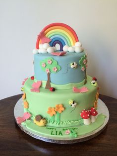 there is a cake that looks like it has a rainbow in the top and flowers on the bottom