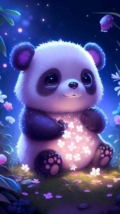 a panda bear sitting in the grass with flowers and butterflies around it's feet