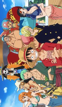 one piece characters standing together in front of a blue sky