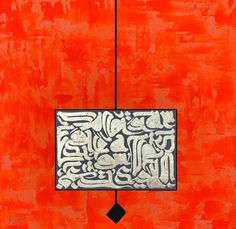 an abstract painting with black and white designs on red paper, in the center is a square