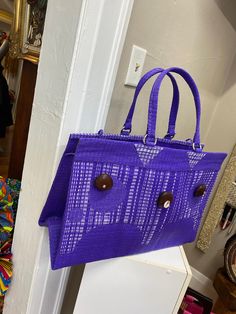 Handmade recycled plastic purple handbag with durable  handle, large sized great for overnight travel, picnics, shopping, or just plan carry it out... fun colors too Purple Shoulder Bag With Top Handle, Purple Rectangular Bag With Top Carry Handle, Large Capacity Square Purple Shoulder Bag, Purple Large Capacity Square Shoulder Bag, Handmade Purple Shopping Bags, Purple Square Shoulder Bag With Large Capacity, Large Capacity Purple Bags For Vacation, Purple Tote Bag For Vacation, Large Capacity Purple Bag For Vacation